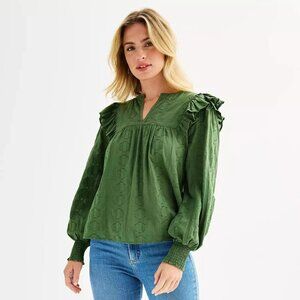 Green Ruffle Shoulder Blouse - Women